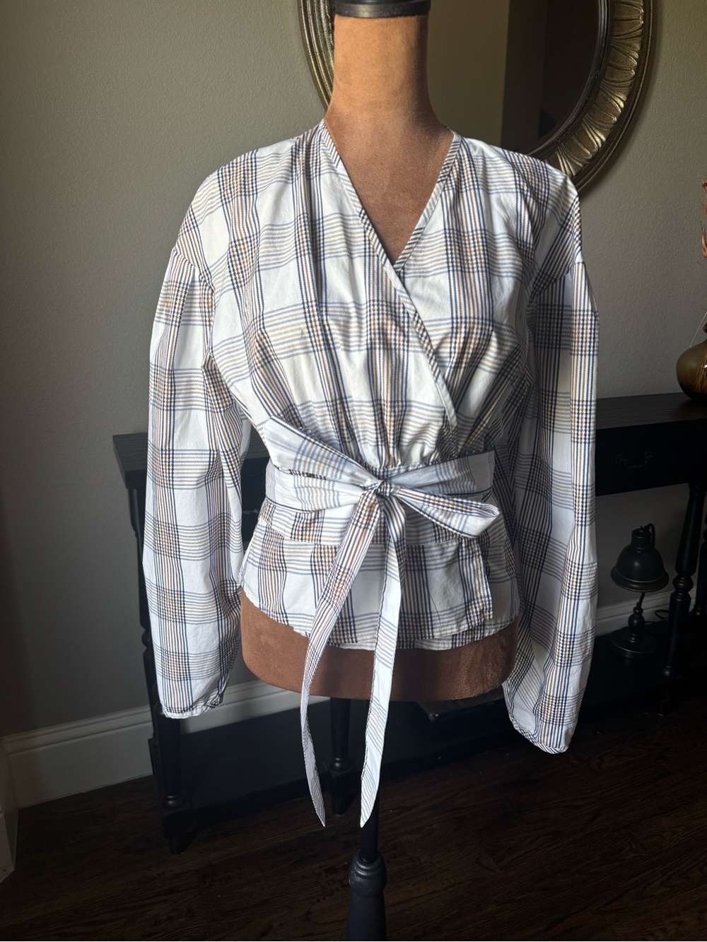 Baum Und Pferdgarten | Plaid Wrap Blouse with Tie Waist | NWOT | Size 8 EU38